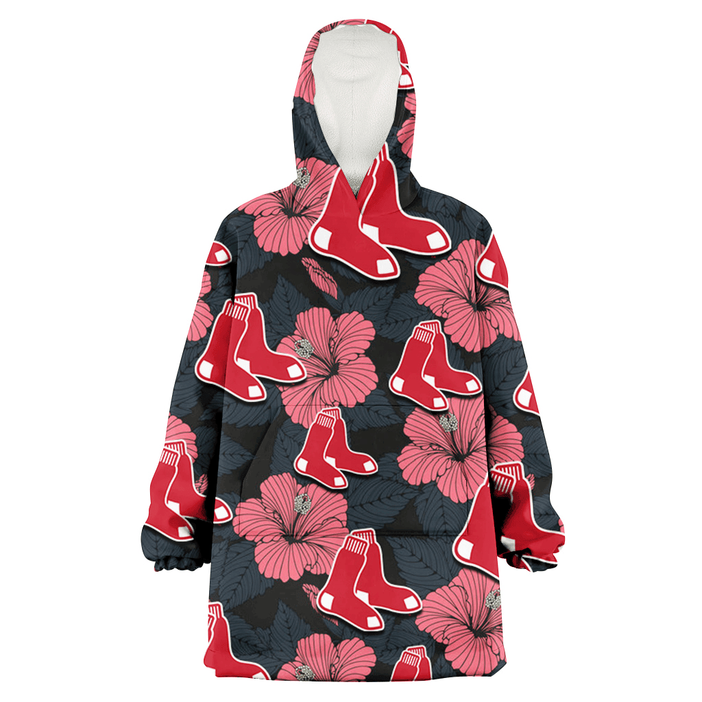 Boston Red Sox Light Coral Hibiscus Gray Leaf Black Background 3D Printed Hoodie Blanket Snug Hoodie