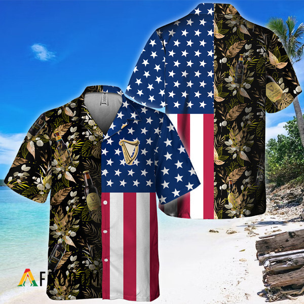 Us Flag Guinness Beer Tropical Flowers Hawaiian Shirt