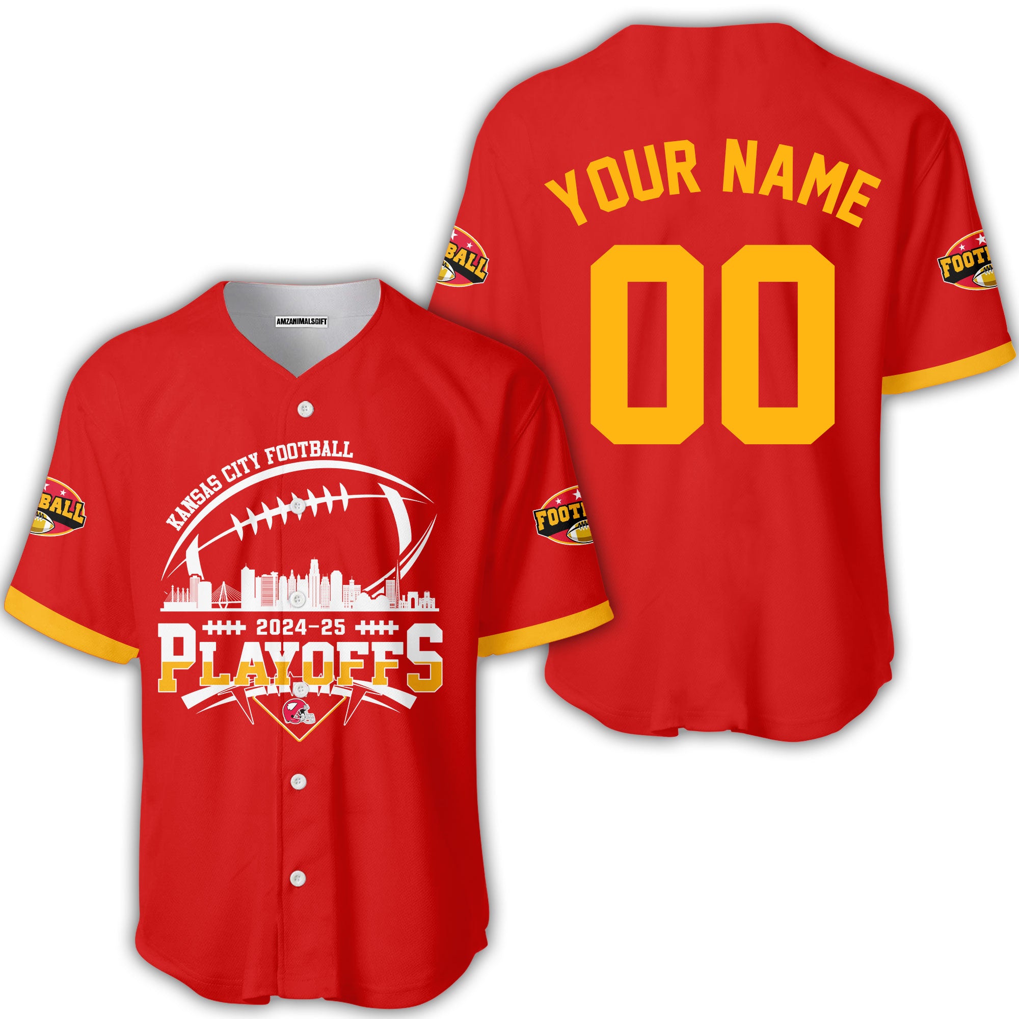 Onlytee - Custom Name Jersey - Kansas City American Football 2024 - 25 Playoffs Skyline Custom Baseball Jersey Shirt - Playoffs Game Day Custom Double Sided Baseball Jersey Shirts
