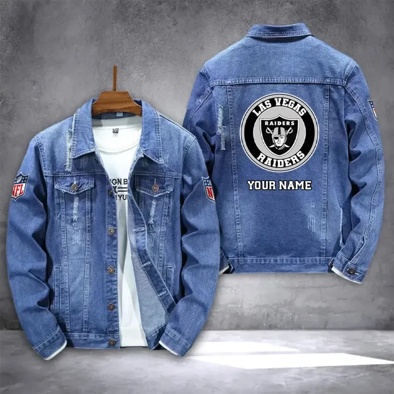 Las Vegas Raiders NFL Team Name Personalized Back Logo Blue Denim Jacket