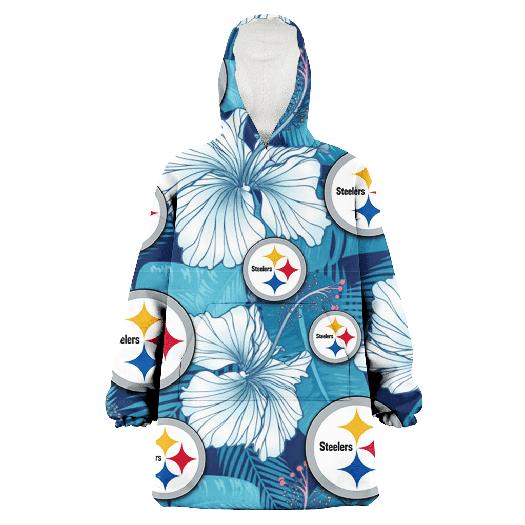 Pittsburgh Steelers White Hibiscus Turquoise Banana Leaf Navy Background 3D Printed Hoodie Blanket Snug Hoodie