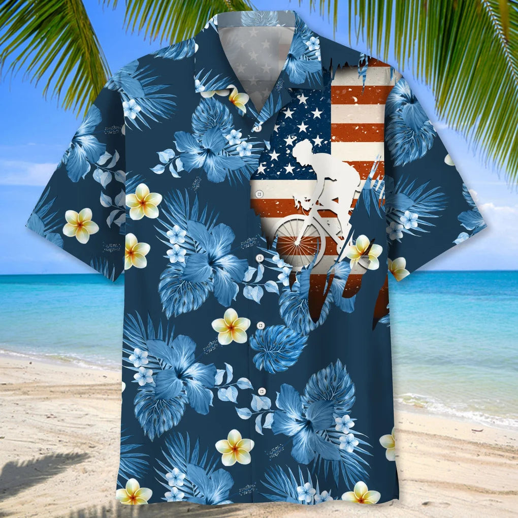 Cycling Usa Blue Tropical Hawaiian Shirt, Funny Cycling Shirt, Cycling Shirt, Cyclist Shirt, Bicycle Gift, Biking Gift, Bike Gift