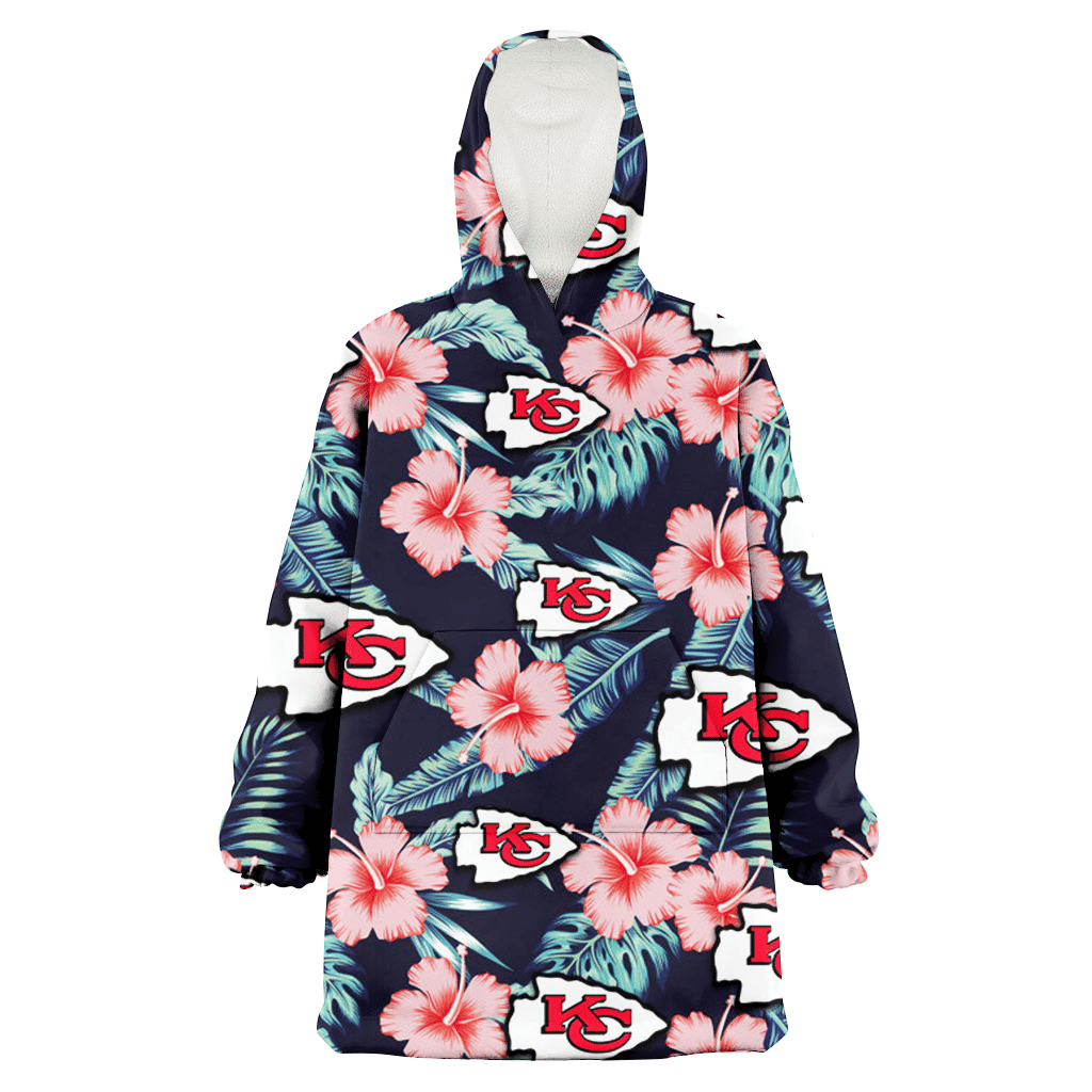 Kansas City Chiefs Coral Hibiscus Green Banana Leaf Black Background 3D Printed Hoodie Blanket Snug Hoodie