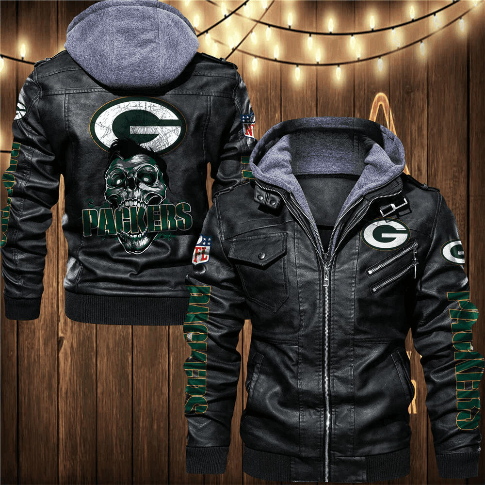 Green Bay Packers Skull 3D Zip Leather Jacket With Hood