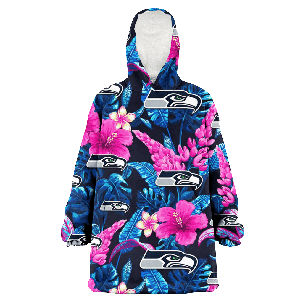 Seattle Seahawks Violet Red Hibiscus Blue Leaf Black Background 3D Printed Hoodie Blanket Snug Hoodie