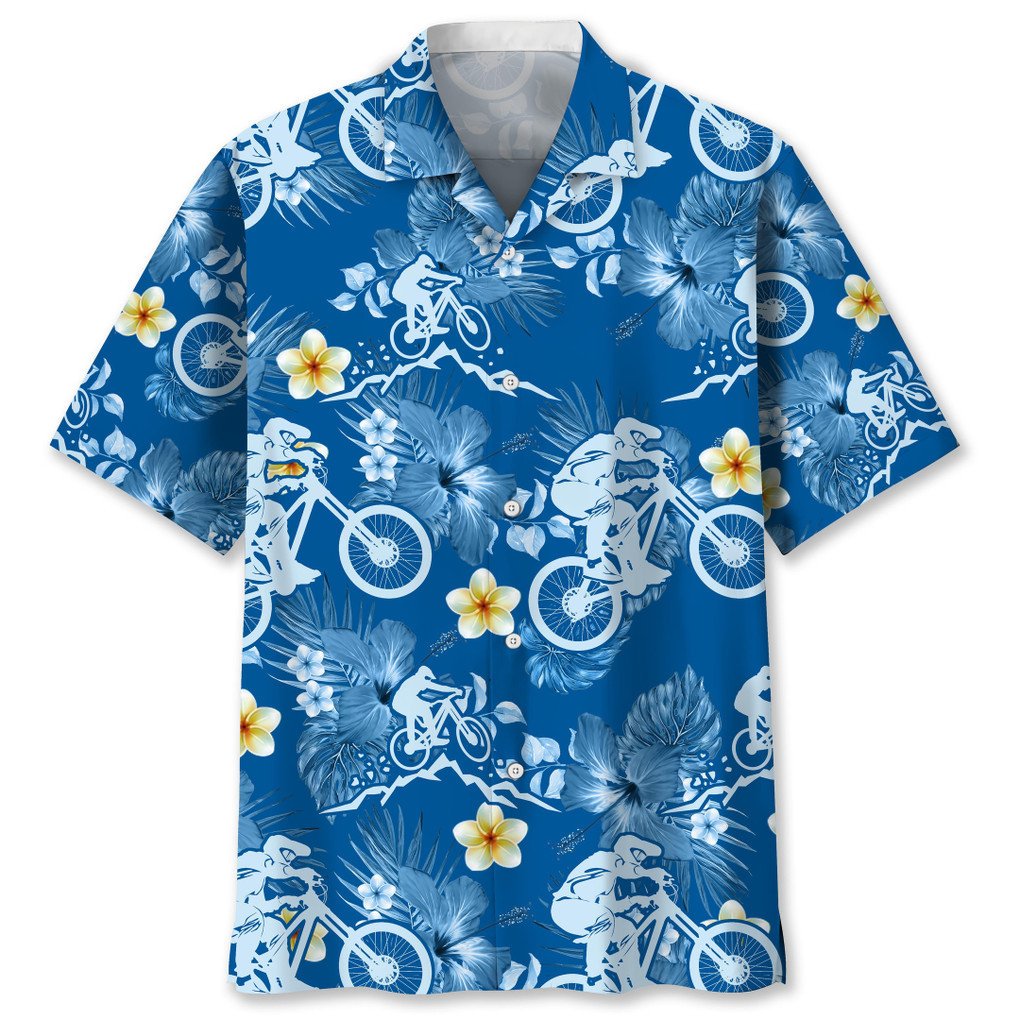 Mountain Bike Blue Nature Hawaiian Shirt, Unisex Summer Beach Casual Short Sleeve Summer Vacation Beach Shirts