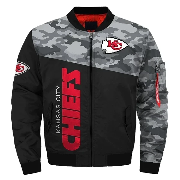 Kansas City Chiefs Camo Pattern Bomber Jacket Black And Gray