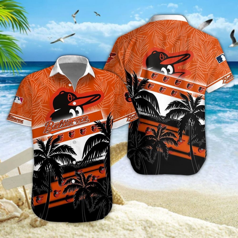 Baltimore Orioles Mlb Black Palm Trees And Team Logo 3D Hawaiian Shirt