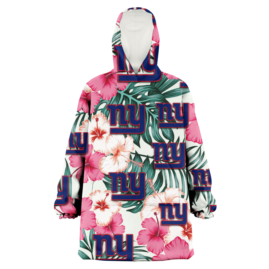 New York Giants Coral Pink Hibiscus Green Leaf Beige Background 3D Printed Hoodie Blanket Snug Hoodie