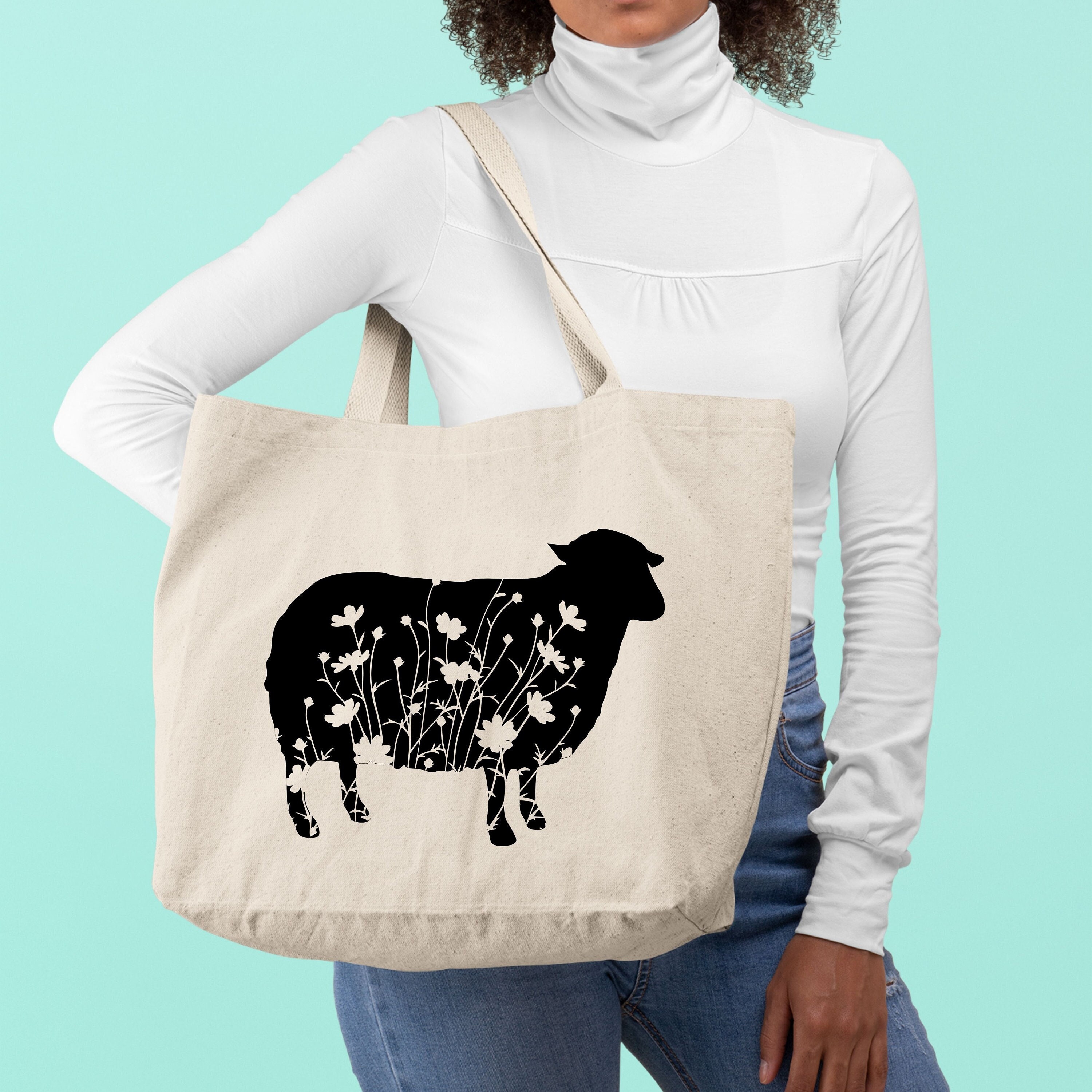 Floral Sheep Tote Bag,Animal Lover Gift,Farmers Market Bag,Canvas Shoping Bag,Gift For Farmer,Eco Friendly Tote Bag,Women Shoulder Bag