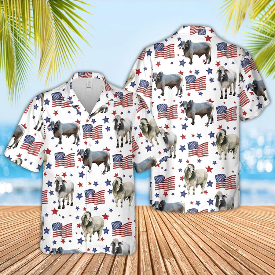 Brahman American Flag Pattern Hawaiian Shirt, Funny Cow Hawaiian Shirt, 4Th Of July Hawaiian Shirt