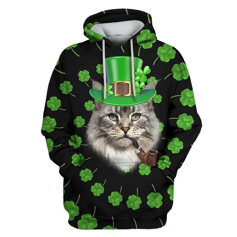 Maine Coon Cat Hat Shamrock Hoodie St Patrick’S Day Clothes Gift For Cat Lovers Ht
