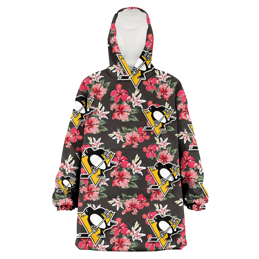 Pittsburgh Penguins Pink Hibiscus Orchid Brown Background 3D Printed Hoodie Blanket Snug Hoodie