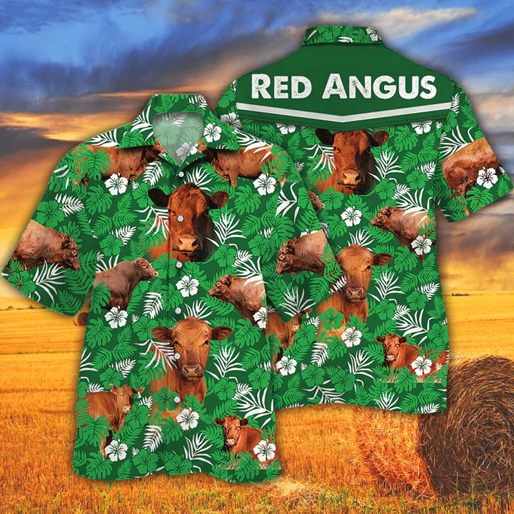 Cow Hawaiian Shirts For Men Women – Vintage Farm Hawaiian Shirts, Red Angus Cattle Lovers Green Floral Pattern Hawaiian Shirt