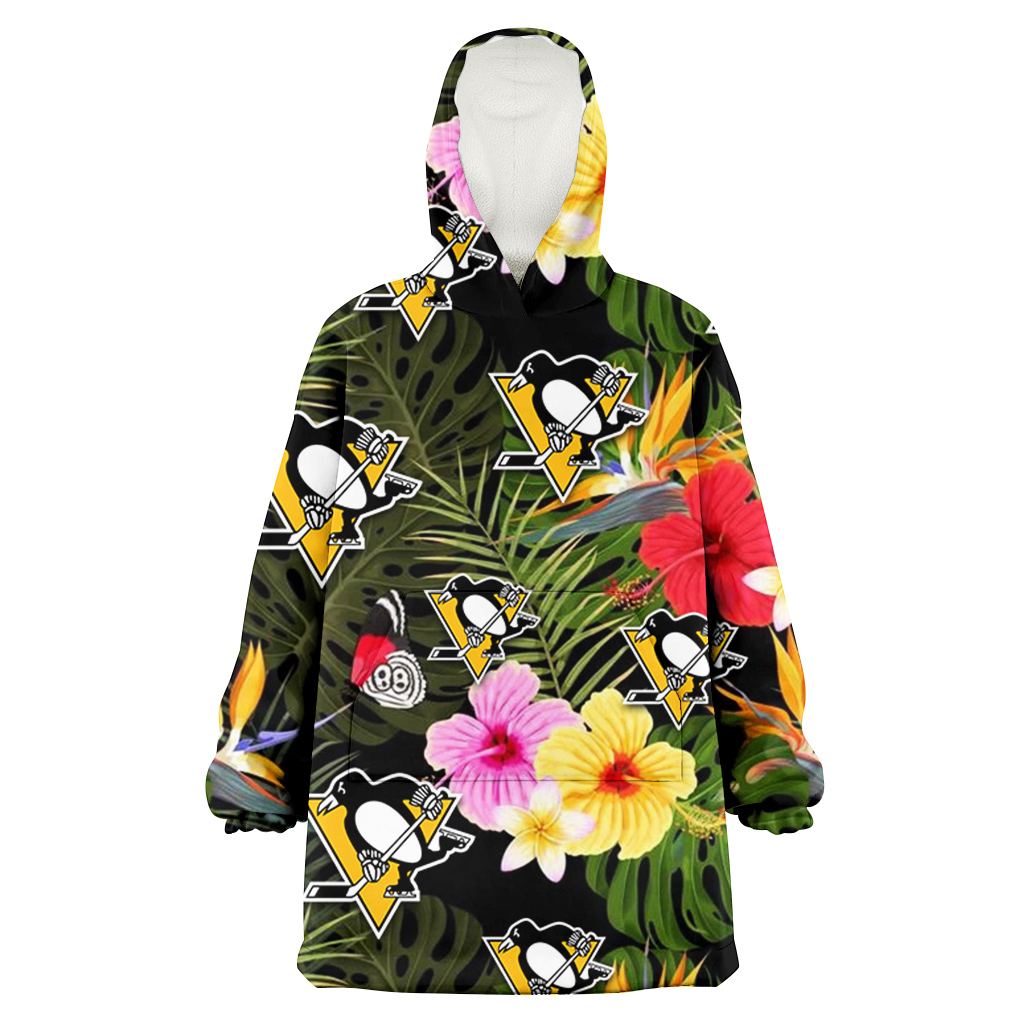 Pittsburgh Penguins Colorful Hibiscus Green Leaf Back Background 3D Printed Hoodie Blanket Snug Hoodie