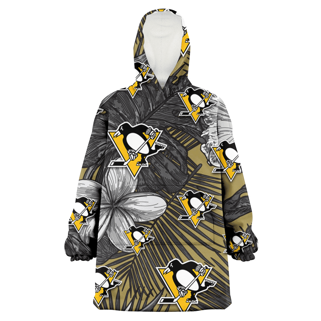 Pittsburgh Penguins Gray Sketch Hibiscus Yellow Palm Leaf Black Background 3D Printed Hoodie Blanket Snug Hoodie