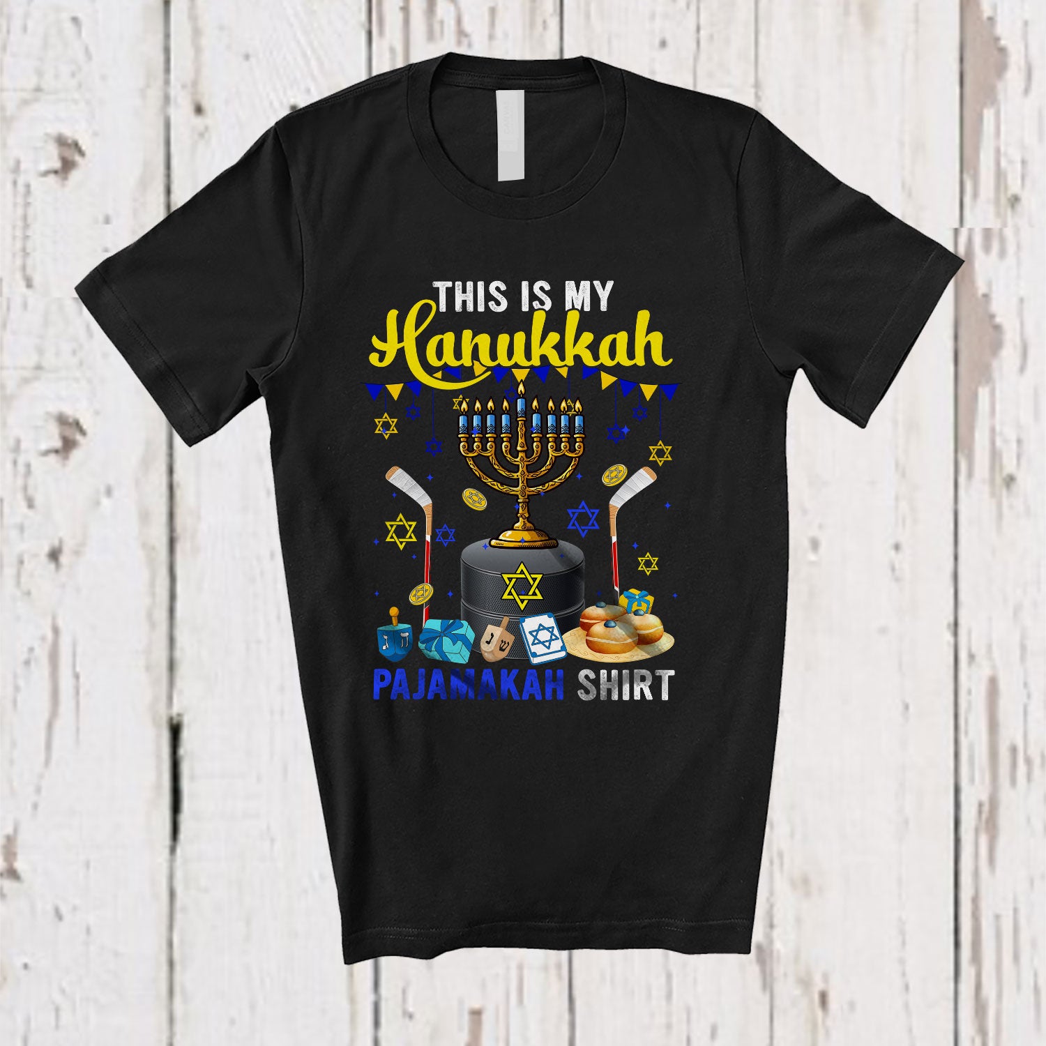 This Is My Hanukkah Pajama Shirt; Lovely Menorah Hockey Stick; Sport Hockey Player Team T-Shirt X Peckshirt