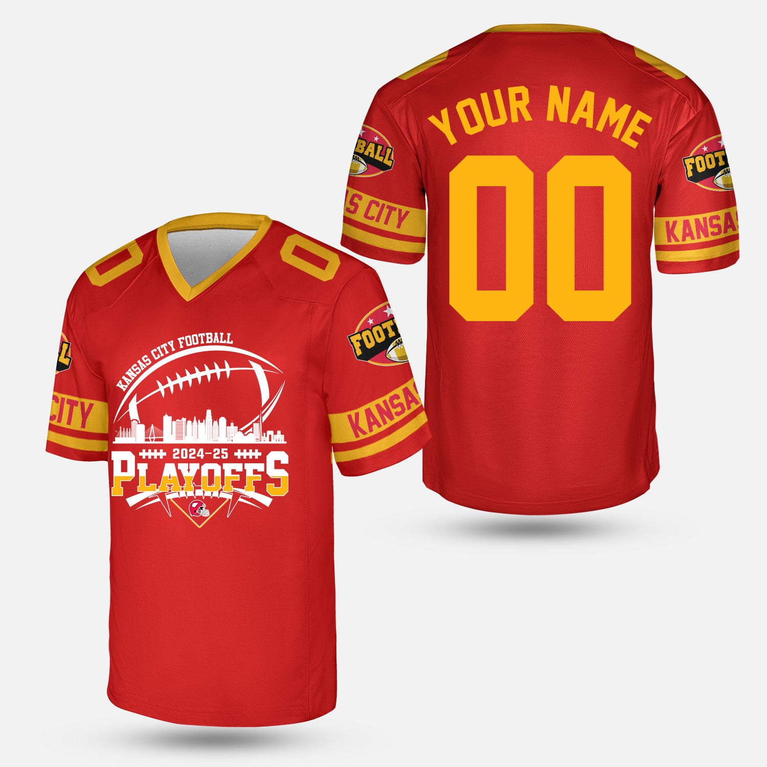 Onlytee - Custom Name Jersey - Kansas City American Football 2024 - 25 Playoffs Skyline Custom V - Neck Jersey Shirt - Playoffs Game Day Custom Double Sided V - Neck Jersey Shirts
