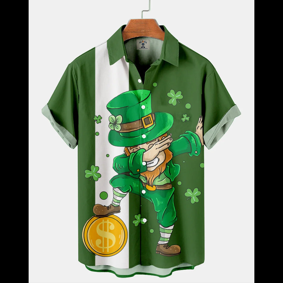 Men’S St. Patrick’S Day Spooky Elf Print Color Block Short Sleeve Hawaiian Shirt