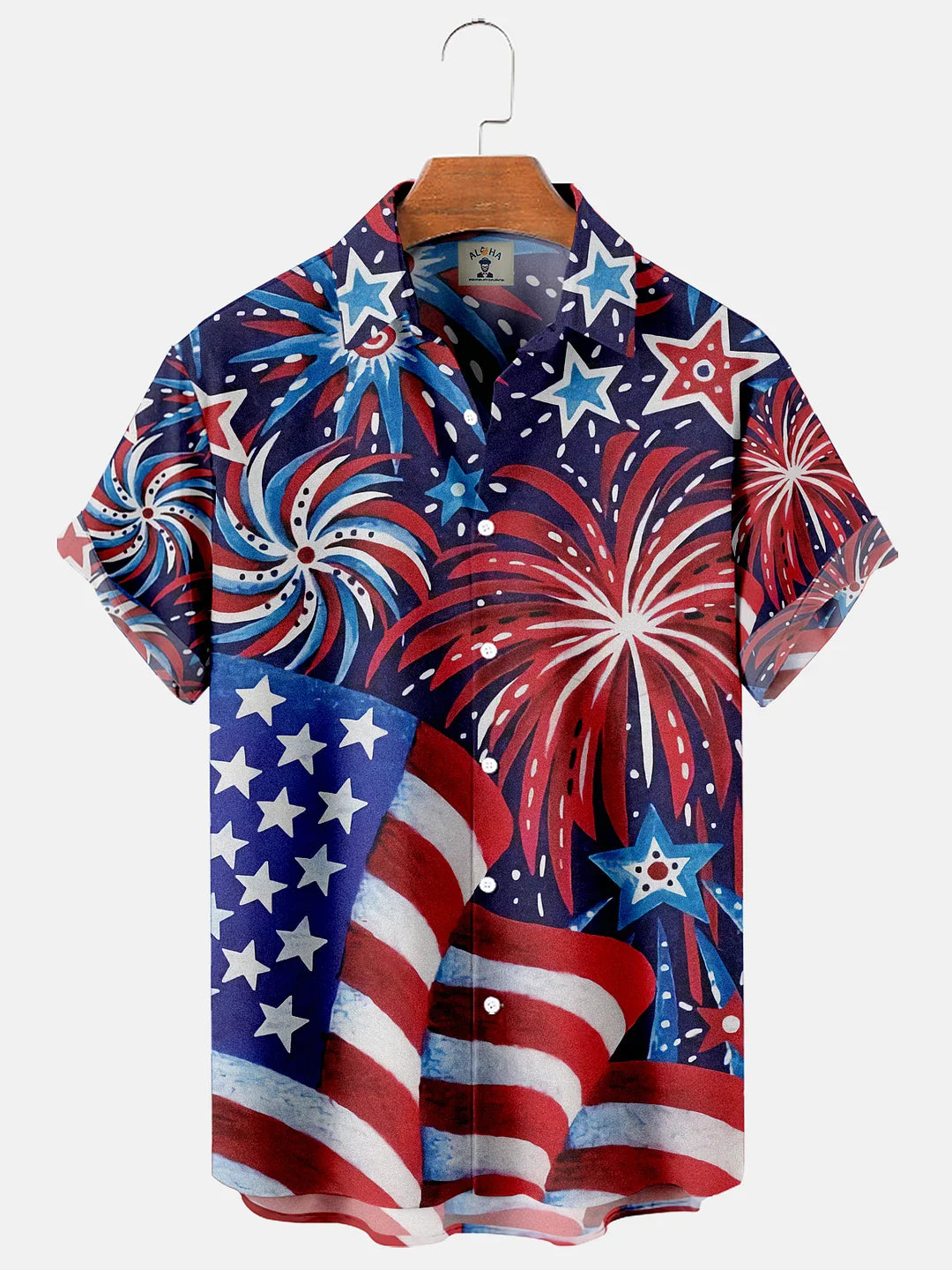 Vintage American Flag Fireworks Pocket Short Sleeve Shirt, 4Th Of July Hawaiian Shirt For Men