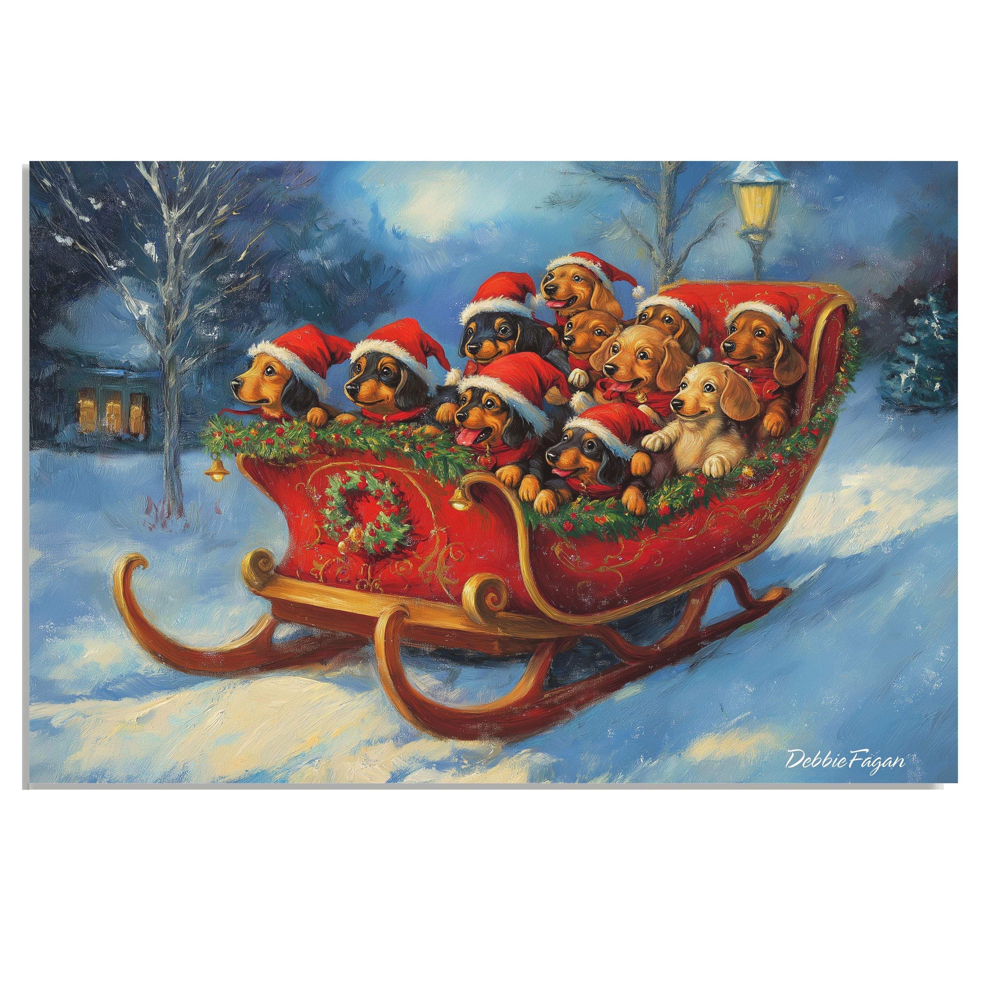Doxie Christmas Canvas - "Dashing Through The Snow" - Dachshund Puppies In Santa Hats Sleighing Adventure On Ready To Hang 1.5" Thick Canvas Wrap, Floating Framed Canvas, Flat Rolled Canvas Made For Fans, Worn By You