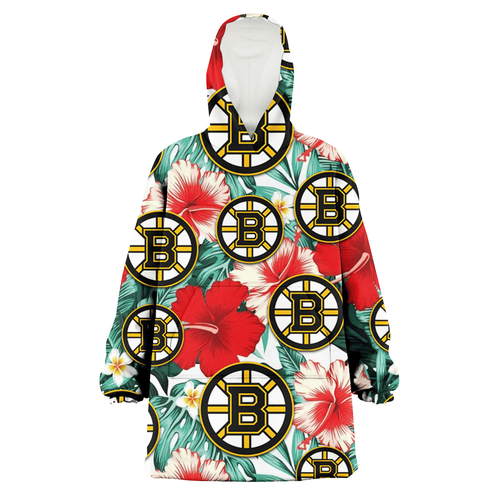 Boston Bruins Red Coral Hibiscus White Porcelain Flower Banana Leaf 3D Printed Hoodie Blanket Snug Hoodie