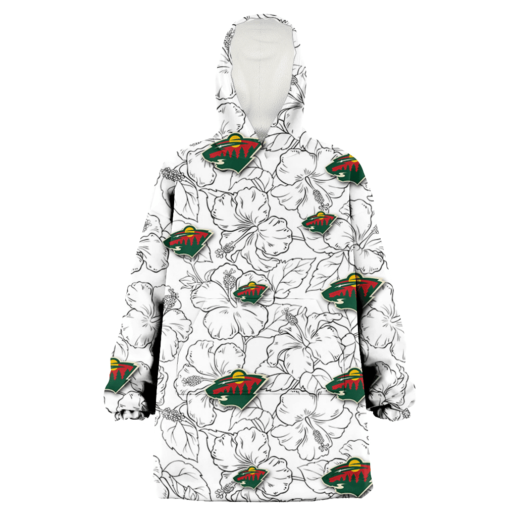 Minnesota Wild White Sketch Hibiscus Pattern White Background 3D Printed Hoodie Blanket Snug Hoodie