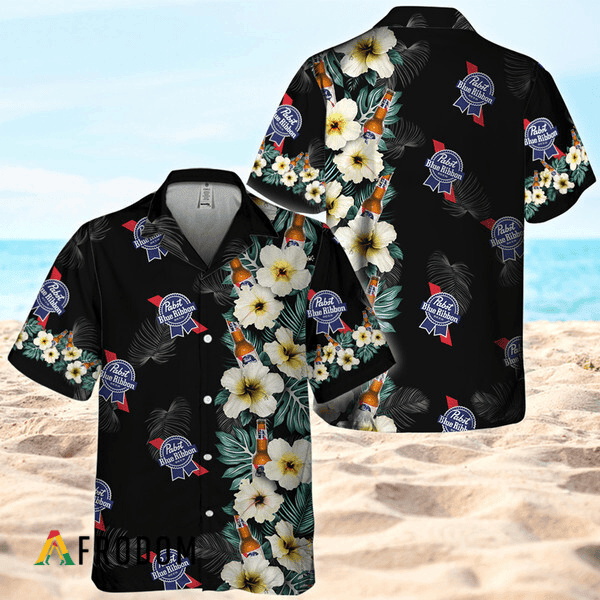 Black Summer Floral Pabst Blue Ribbon Hawaiian Shirt