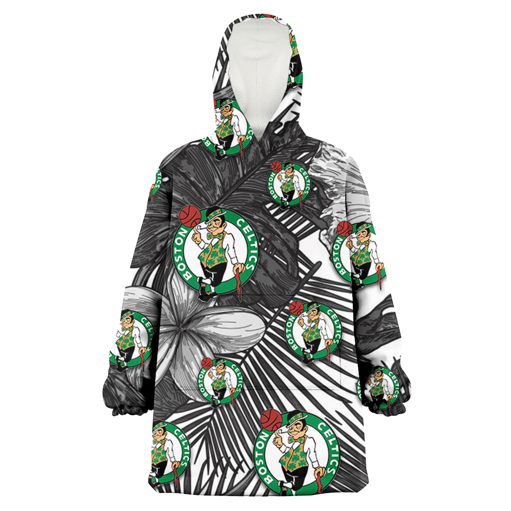 Boston Celtics Grey Sketch Hibiscus Palm Leaf White Background 3D Printed Hoodie Blanket Snug Hoodie