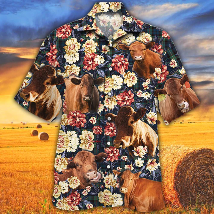 Cow Hawaiian Shirt, Summer Hawaiian Shirt, Animal Shirt, Red Angus Cattle Green Plaid Pattern Hawaiian Shirt