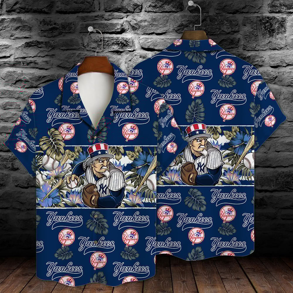 New York Yankees Mascot And Leaves Tropical Pattern Hawaiian Shirt