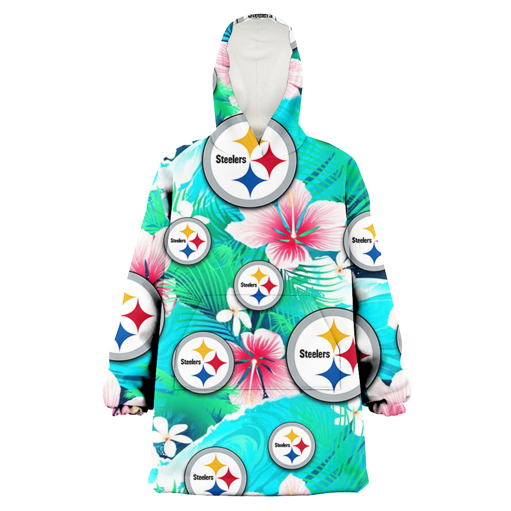 Pittsburgh Steelers Pink Hibiscus Green Leaf Blue Background 3D Printed Hoodie Blanket Snug Hoodie