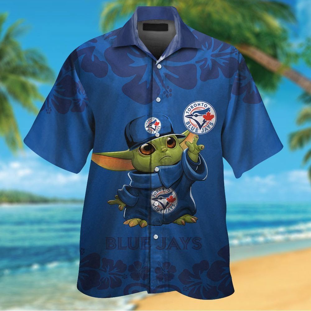 Toronto Blue Jays Baby Yoda Short Sleeve Button Up Tropical Hawaiian Shirt