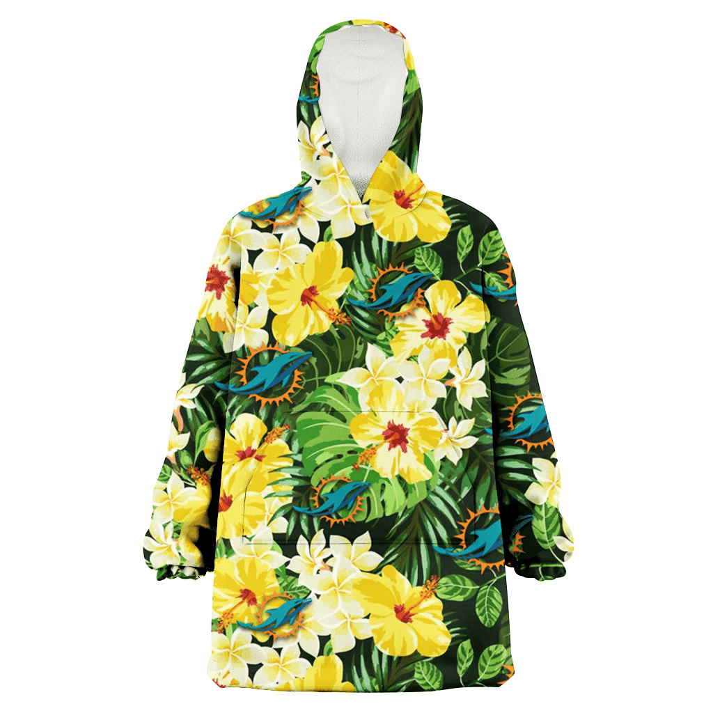 Miami Dolphins Yellow Hibiscus Tropical Green Leaf Black Background 3D Printed Hoodie Blanket Snug Hoodie