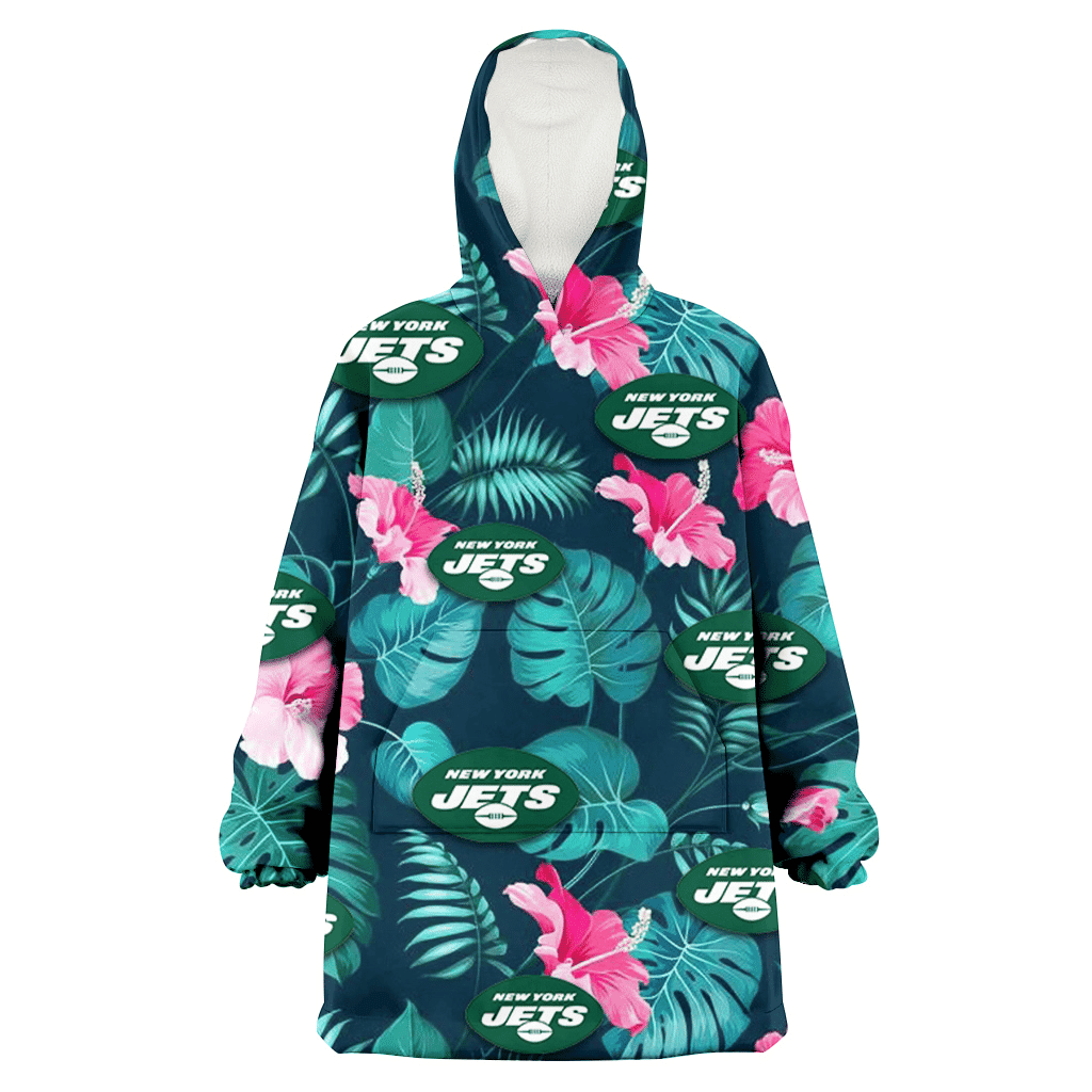 New York Jets Pink Hibiscus Green Leaves Dark Background 3D Printed Hoodie Blanket Snug Hoodie