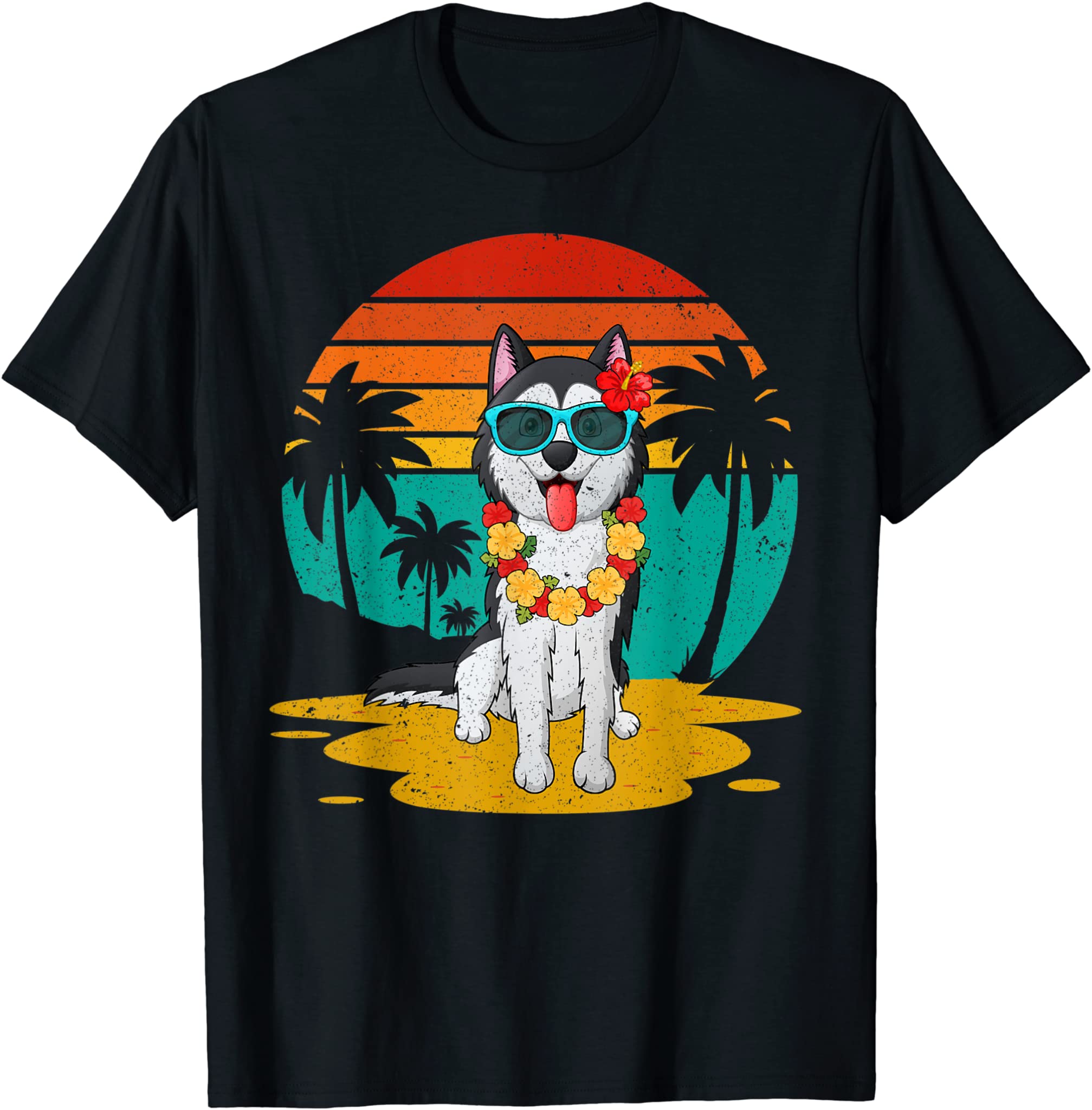 Vintage Husky Hawaiian Summer Vacation Tropical Dog Lover T-Shirt