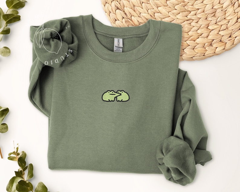 Embroidered Cute Frog Sweatshirt, Embroidered Frog Kisses Sweatshirt, Funny Sweatshirt, Frog Sweatshirt, Trendy Crewneck or Hoodie