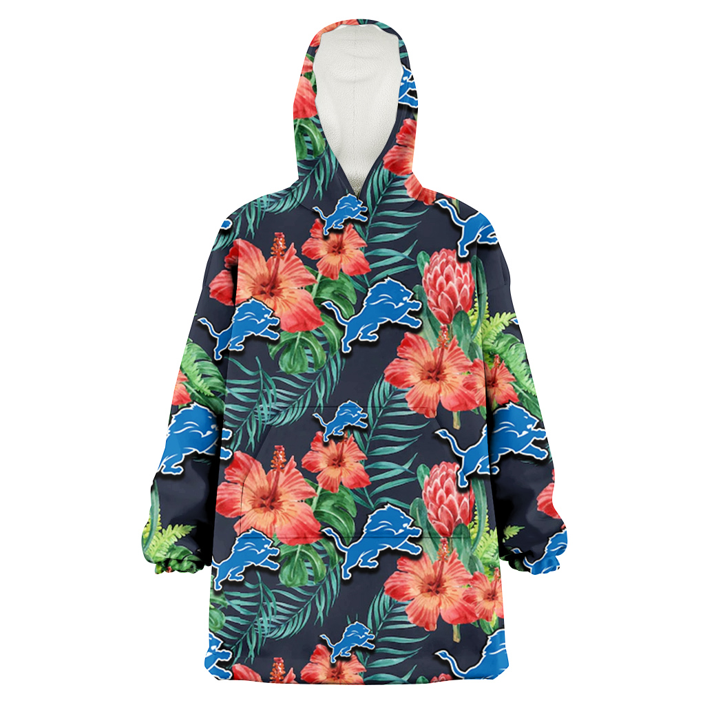 Detroit Lions Orange Hibiscus Green Tropical Leaf Dark Background 3D Printed Hoodie Blanket Snug Hoodie
