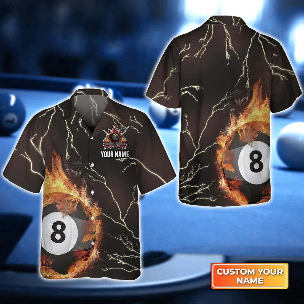 Billiard 8 Ball Thunder Fire Flame 3D Hawaiian Shirt, Billiard Sport Shirt, Gift For Billiard Players