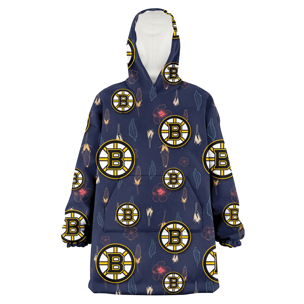 Boston Bruins Small Hibiscus Buds Navy Background 3D Printed Hoodie Blanket Snug Hoodie