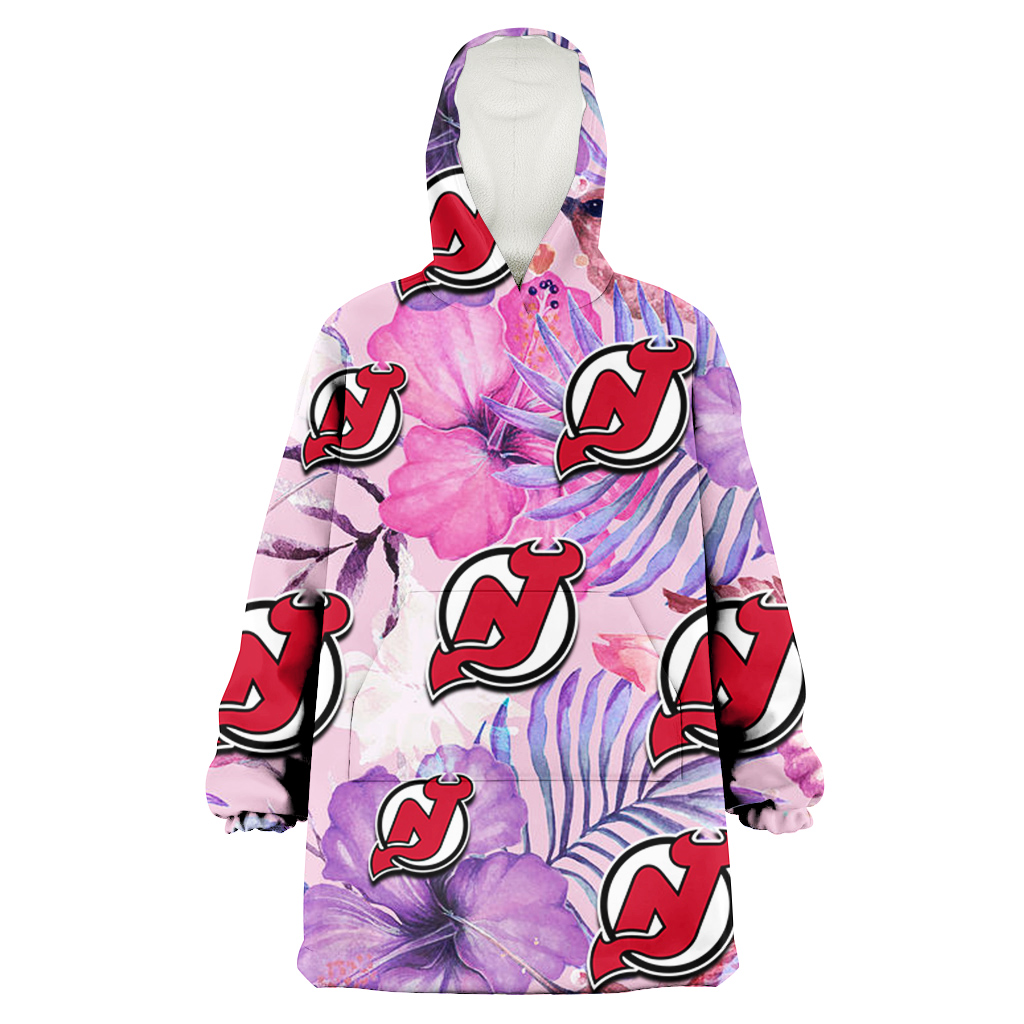 New Jersey Devils White Purple Hibiscus Pink Hummingbird Pink Background 3D Printed Hoodie Blanket Snug Hoodie