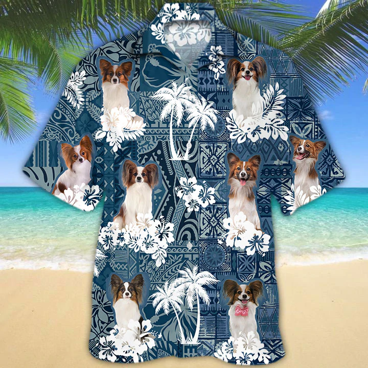 Papillon Hawaiian Shirt, Floral Dog Short Sleeve Hawaiian Aloha Shirt, Summer Hawaiian Shirt For Men, Women