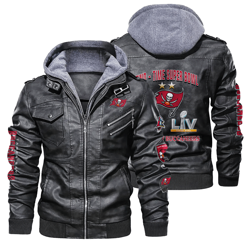 Tampa Bay Buccaneers NFL Two Time Super Bowl Champions Zip Black Leather Jacket With Hood