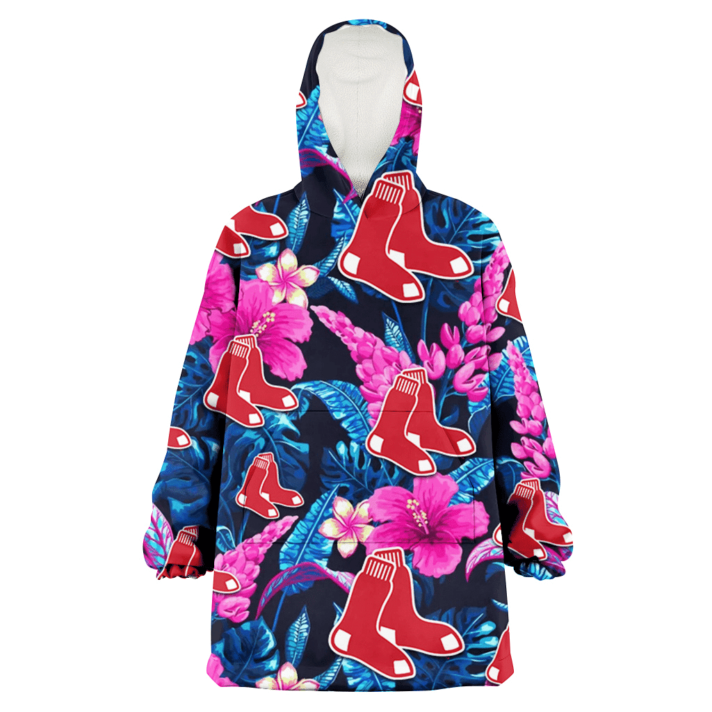 Boston Red Sox Violet Red Hibiscus Blue Leaf Black Background 3D Printed Hoodie Blanket Snug Hoodie