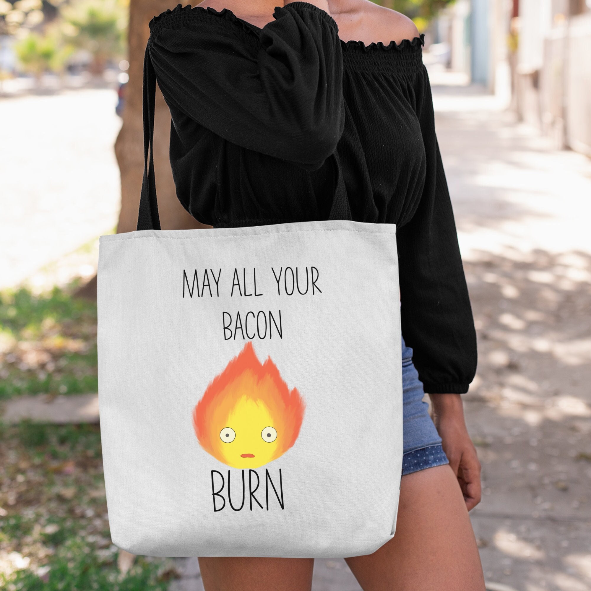 Howl’s Moving Castle Inspired Calcifer Fire Demon “May All Your Bacon Burn” Premium Tote Bag