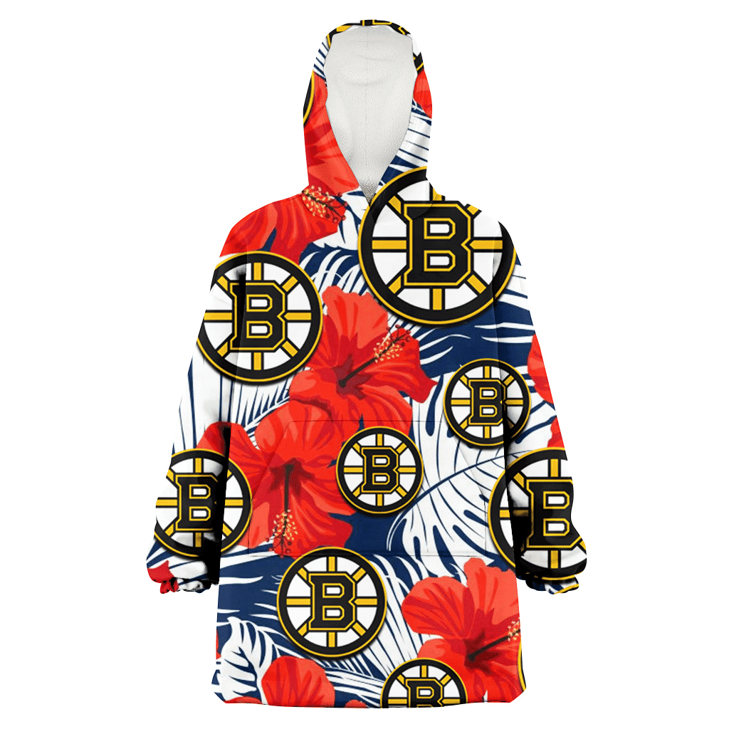 Boston Bruins White Tropical Leaf Red Hibiscus Navy Background 3D Printed Hoodie Blanket Snug Hoodie