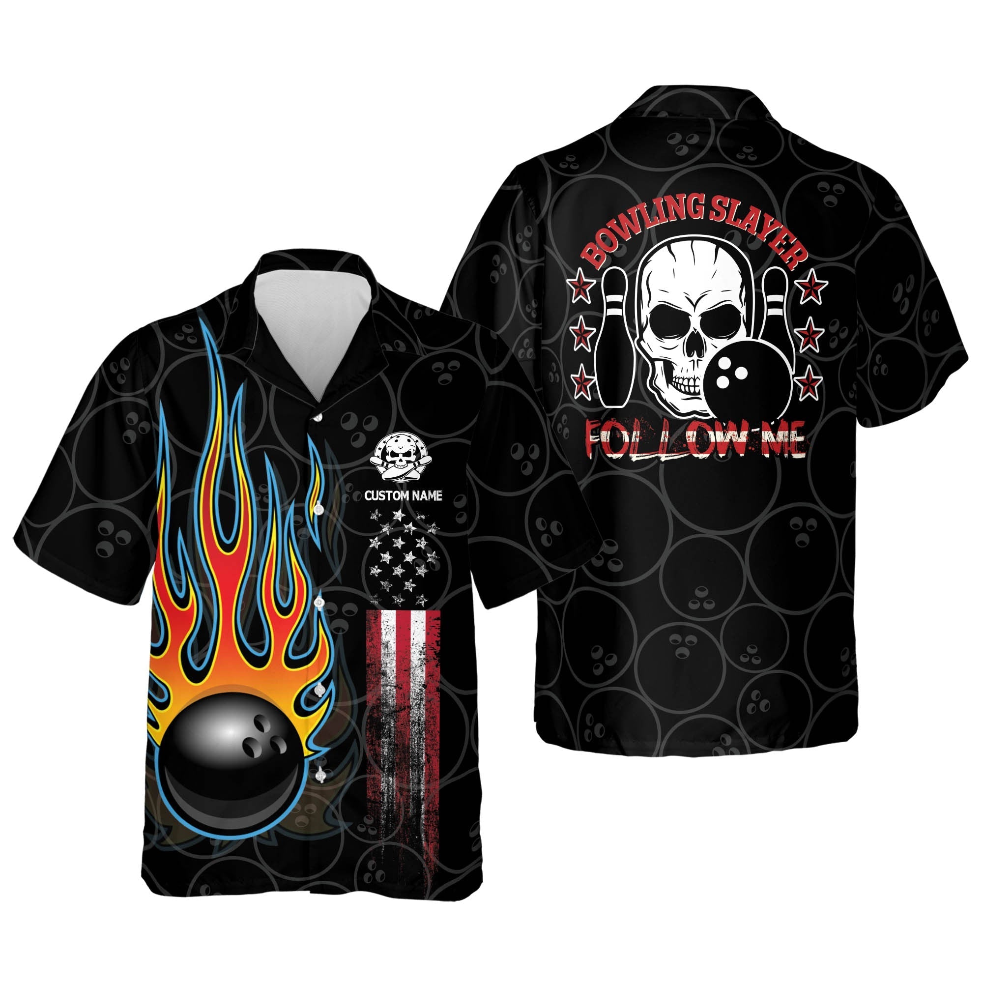 Flame Skull Bowling Slayer – Follow Me Button-Down Hawaiian Shirt, Bowling Team Shirt, Bowling Gift