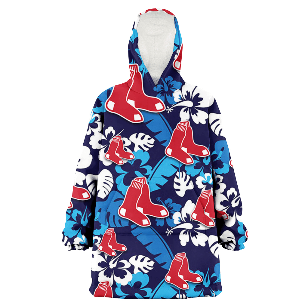 Boston Red Sox Light Blue Hibiscus Banana Leaf Navy Background 3D Printed Hoodie Blanket Snug Hoodie