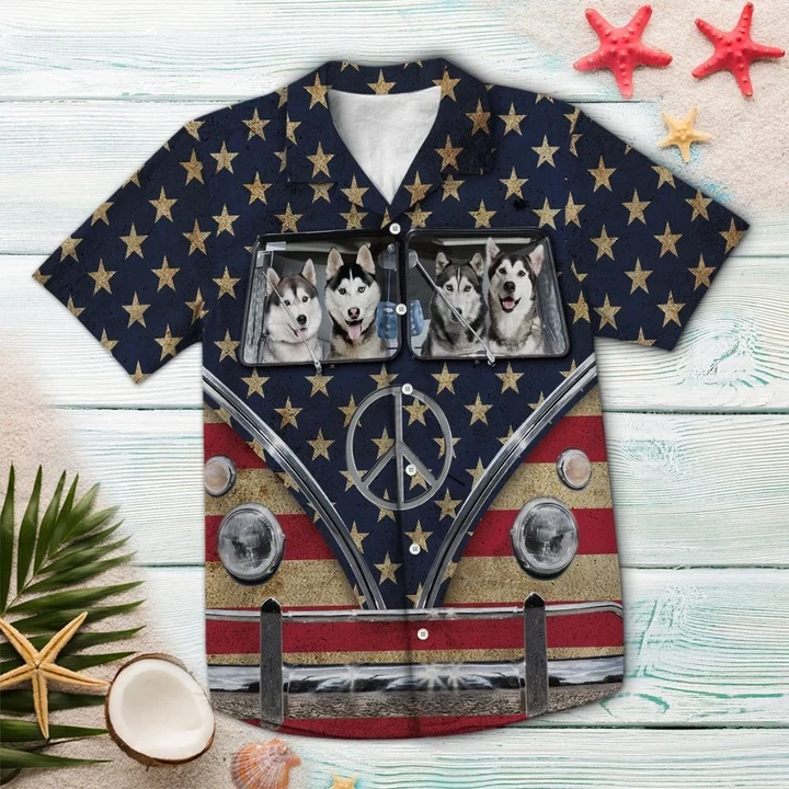 Happy Siberian Husky Family Riding Flag Hippie Bus Hawaiian Shirt