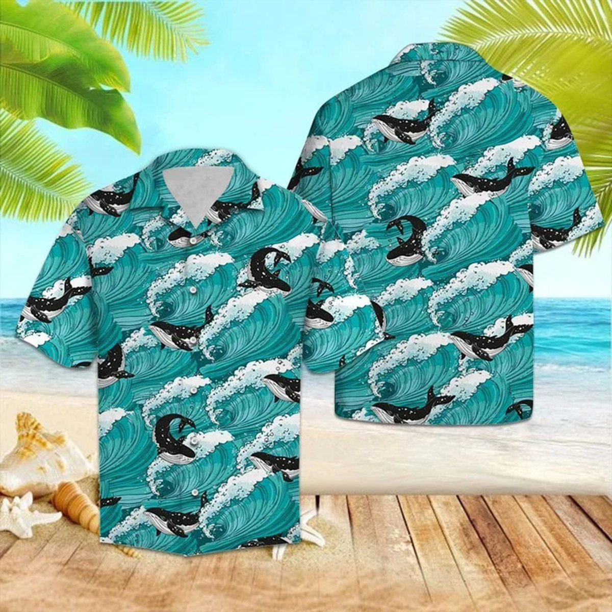 Amazing Black And White Whale Sea Waves Pattern Hawaiian Shirt, Hawaiian Shirt For Summer